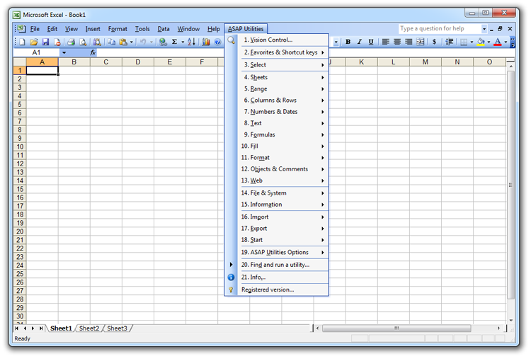 Excel 2003 with ASAP Utilities in its menu